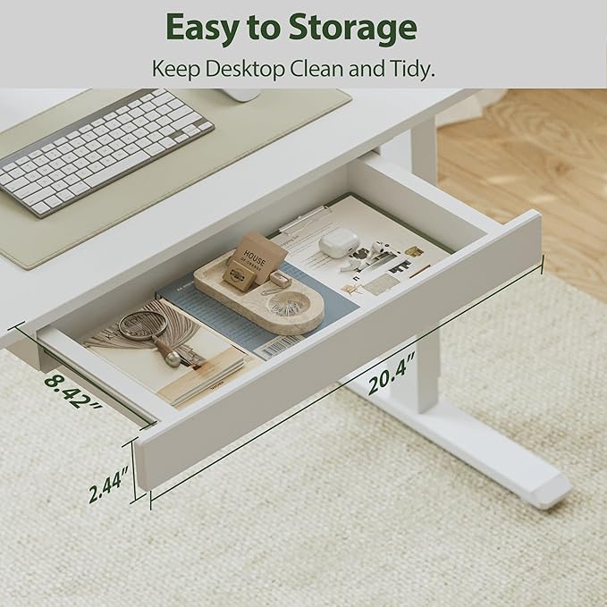 Agilestic Electric Standing Desk with Integrated Drawer, Height Adjustable Desk, Ergonomic Rising 48"x24" Wooden Desk, Sit-Stand Workstation with Memory Presets for Work Home Office, White