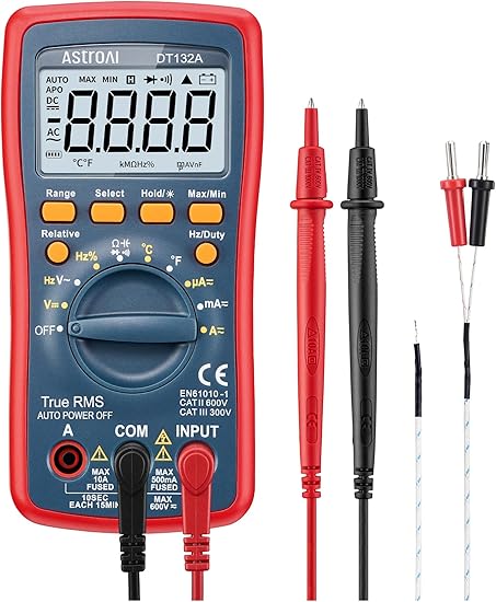 AstroAI Digital Multimeter, TRMS 4000 Counts Volt Meter (Manual and Auto Ranging); Measures Voltage Tester, Current, Resistance, Continuity, Frequency; Tests Diodes, Temperature (Red)