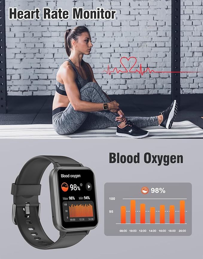 Fitness Tracker Fitness Watches for Women Men (Make/Answer Calls), 1.85" Smart Watch for iPhone/Android Phones, Heart Rate/Sleep Monitor Steps Tracker Watch Pedometer IP68 Waterproof (Dark Black)