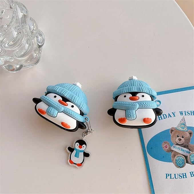 Charging Earphone Case Compatible with Airpods 4,Christmas Cute Animal Hat Penguin Design Soft Silicone Full Body Protective Skin Cover, Kids Girls Women Cartoon Earbuds Accessories with Pendant