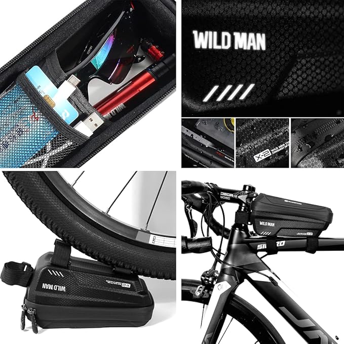 Bike Frame Bag, Waterproof Bicycle Front Top Tube Pouch Pannier Bike Phone Mount Holder Handlebar Bag Cycling Crossbar Storage Bags with Touch Screen for iPhone 12 11 Pro Max Smartphone up to 6.7''