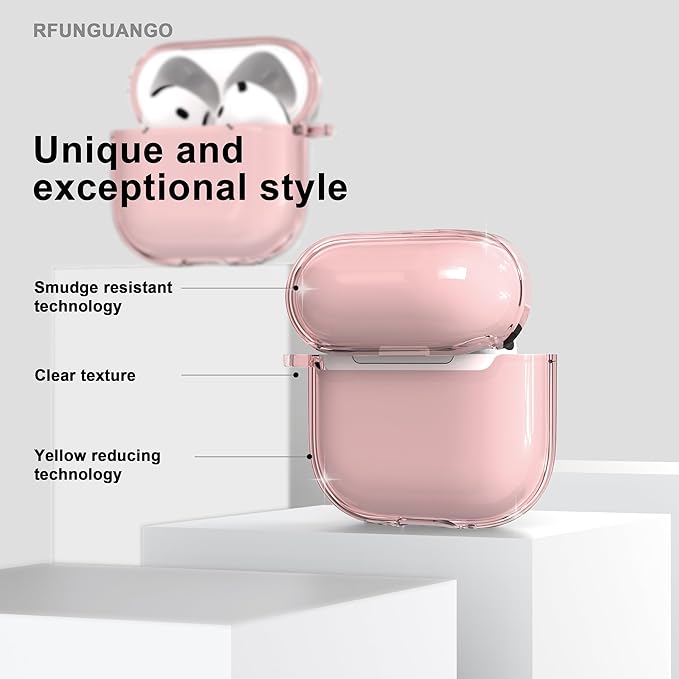 RFUNGUANGO AirPods 4 Case Clear, Soft TPU Transparent with Cleaning Kit & Keychain, Compatible with Magsafe, Compatible Apple AirPods 4 (2025) Generation Protective Case, Pink