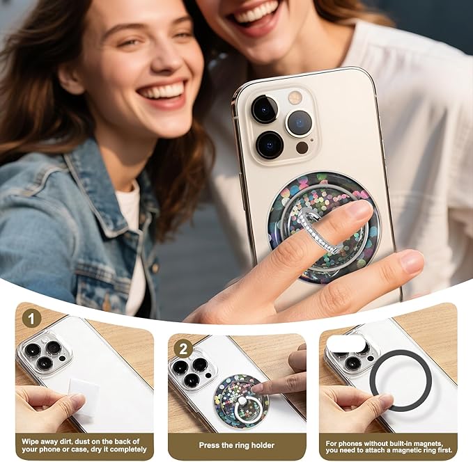Transparent Magnetic Phone Grip Compatible with MagSafe Phone Ring Holder,360°Adjustable & Removable Silver Purple Dot Diamond Laser Design Magnet Stand for Phones and Tablets