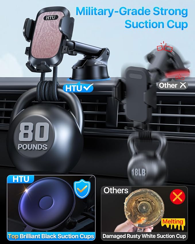 HTU 【98+LBS Strongest Suction & Military-Grade】 2025 Ultimate Car Phone Mount【Patent & Safety Certs】 Cell Phone Holder Truck Stand for Dashboard Windshield Vent for iPhone 17 Pro Max Samsung (Pink)