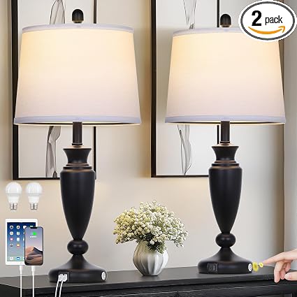 Rinweey 27'' Black Table Lamps Set of 2, 3 Way Touch Control Living Room Lamps with USB A+C Ports, Modern Bedside Lamps, Elegant Metal Nightstand Lamps for Bedroom Office End Table Decoration