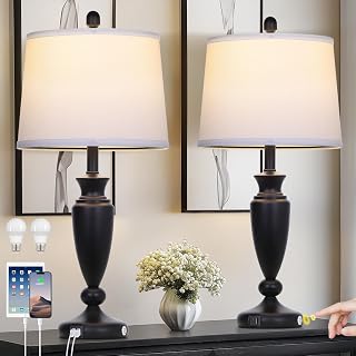 Rinweey 27'' Black Table Lamps Set of 2, 3 Way Touch Control Living Room Lamps with USB A+C Ports, Modern Bedside Lamps, Elegant Metal Nightstand Lamps for Bedroom Office End Table Decoration - Image 1