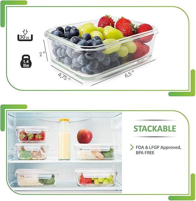 PrepNaturals 5 Pack 30 Oz Glass Meal Prep Containers - Dishwasher Microwave Freezer Oven Safe - Glass Storage Containers with Lids (Multi-Compartment)