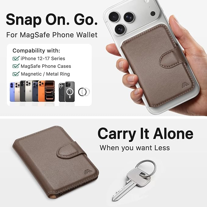 for MagSafe Wallet, Magnetic Phone Wallet RFID Blocking, Slim 5-8 Card Holder with Cash Slot & Clear ID Window, Minimalist Mag Safe Wallets for iPhone 17/16/15/14/13/12 Series, Mocha Brown