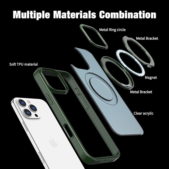 for iPhone 16 Pro Case with Screen Protector & Lens Protector [15 FT Military Drop Protection] Magnetic Kickstand Compatible with MagSafe Slim Translucent Case (Deep Green)