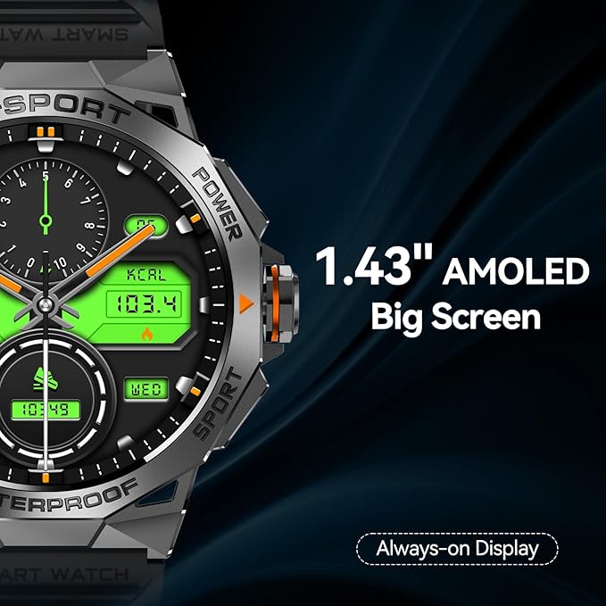 Smart Watch, 1.43" AMOLED for Android Phones with Bluetooth Call, Waterproof Rugged, Ultra Long Battery Life, 100+ Sports Modes