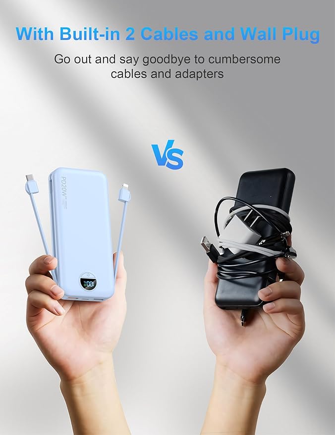 Portable Charger with Wall Plug, 10000mAh USB C Power Bank Fast Charging, External Battery Pack with Built in Cables, Digital Display, 5 Output 4 Input for iPhone Android Cell Phone Tablet