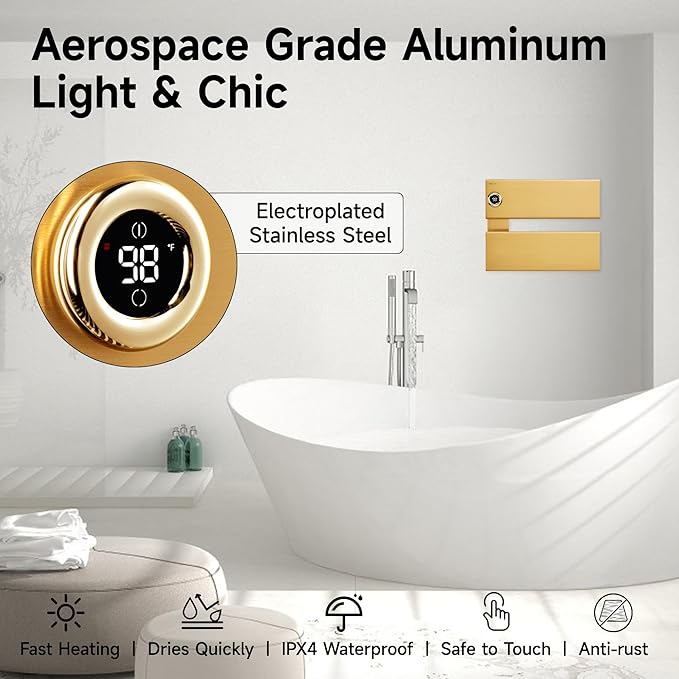 P&Bhusri Electric Heated Towel Rack, Gold Towel Warmer with Adjustable Temperature (98–149°F) and Timer (1-24h, On), Fast Heating and Drying for Bathroom, Memory & Remote Control Compatible
