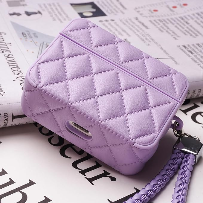 Earphone Case for AirPods 1/2, Elegant Classical Diamond PU Leather Surface Earphone Case Soft Silicone Case, AirPods 1/2 Cover Protective Case Skin Protector for Earbuds +Lanyard-Purple