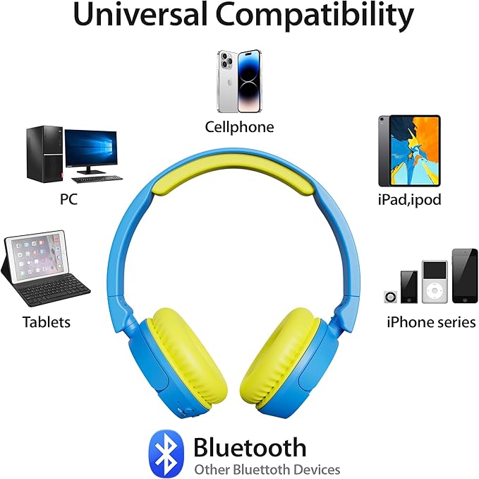 Contixo KB-5 Kids Headphones - Over The Ear Foldable Bluetooth Wireless Headphone for Kids - 85dB with Volume Limited - Toddler Headphones for Boys and Girls (Blue + Yellow)