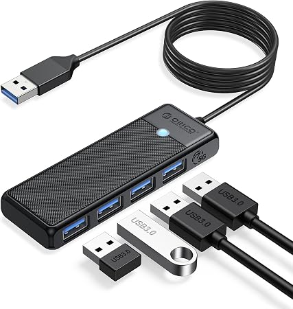 ORICO USB 3.0 Hub, 4-Port USB Hub with 6Ft Long Cable, Ultra Slim USB Splitter for Laptop MacBook Pro, iMac, Surface Pro, XPS, PS5，PC, Flash Drive, Mobile HDD