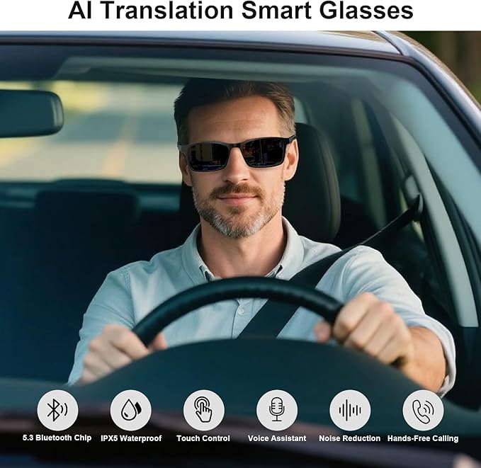 AI Smart Glasses, Support 160+ Languages Real-Time Translation Powered by APP, Bluetooth Glasses with Speakers, Blue Light Blocking & Detachable Sunglasses Lenses, Bluetooth Glasses for Men & Women