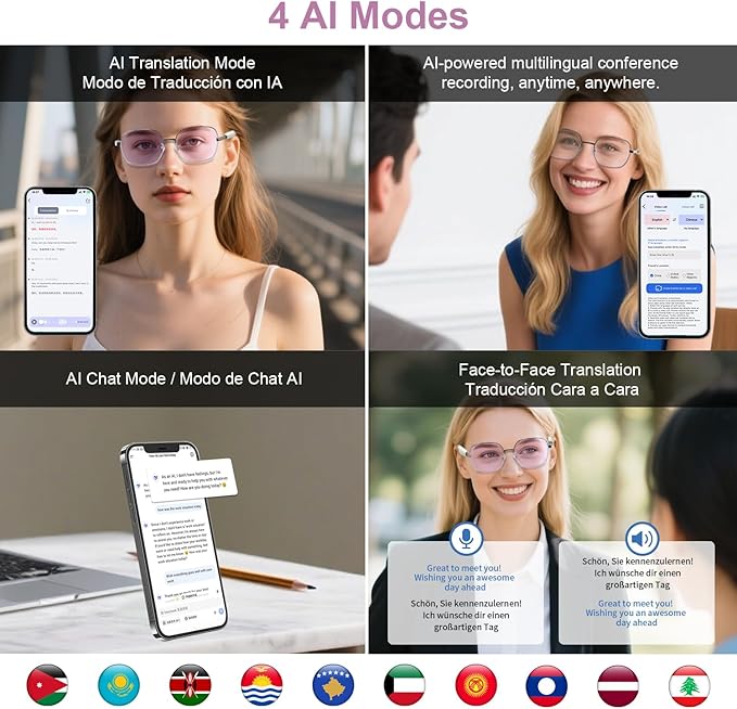 AI Translation Smart Glasses for Women, Powered by GPT, Recording/Real-Time Translation with 160+ Language, Photochromic Lenses, Multifunctional Bluetooth Glasses for Travel Meeting Business