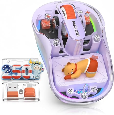 FMOUSE Transparent Wireless Mouse, 2 Cute 2026 Figurines, Tri-Mode, Purple