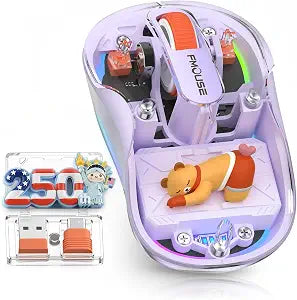 FMOUSE Transparent Wireless Mouse, 2 Cute 2026 Figurines, Tri-Mode, Purple