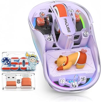 FMOUSE Transparent Wireless Mouse, 2 Cute 2026 Figurines, Tri-Mode, Purple
