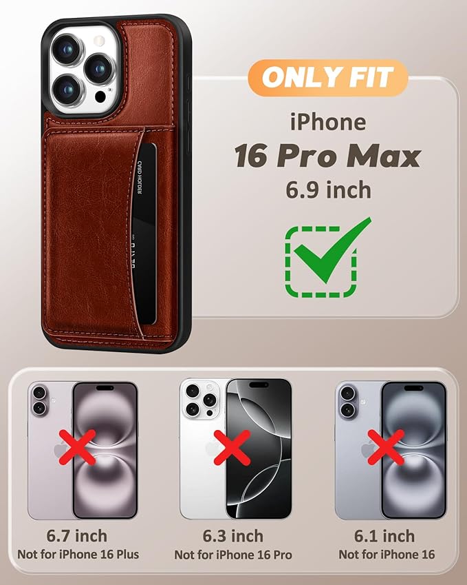 for iPhone 16 Pro Max Case with Wallet - Fits 4 Card Slots, Compatible with MagSafe for Women Men Aesthetic PU Leather Credit Card Holder Kickstand Phone Cover for Apple 16 Promax, Brown