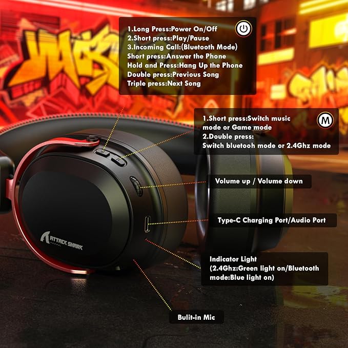 ATTACK SHARK L30Pro Wireless Gaming Headset with 2.4Ghz/BT/Wired, Long Battery Life with Detachable Microphone 7.1 Surround Sound Ultra-Low Latency for PC/PS5/Xbox/Switch/Mobile Black&Red