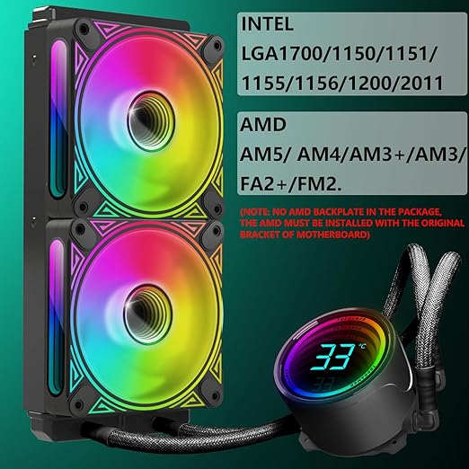 T-240MM Black ARGB Liquid CPU Water Cooling with 240mm ARGB PWM Fan,Temperature Display, Computer Water Cooling