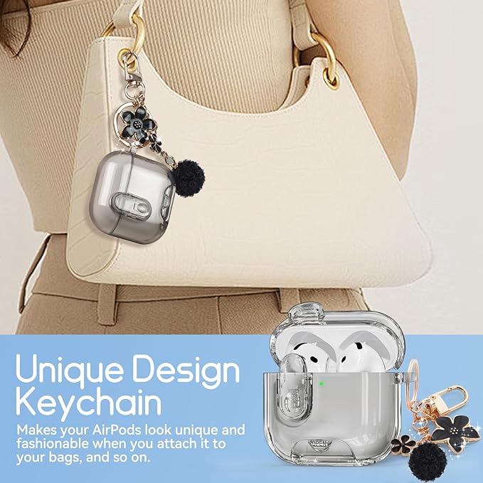 Clear Case for AirPods 4 Case Cover with Safety Lock,Soft TPU Cover with Phone Stand & Cleaning Kit,Cute Bling Keychain for Women Girls-Clear Black