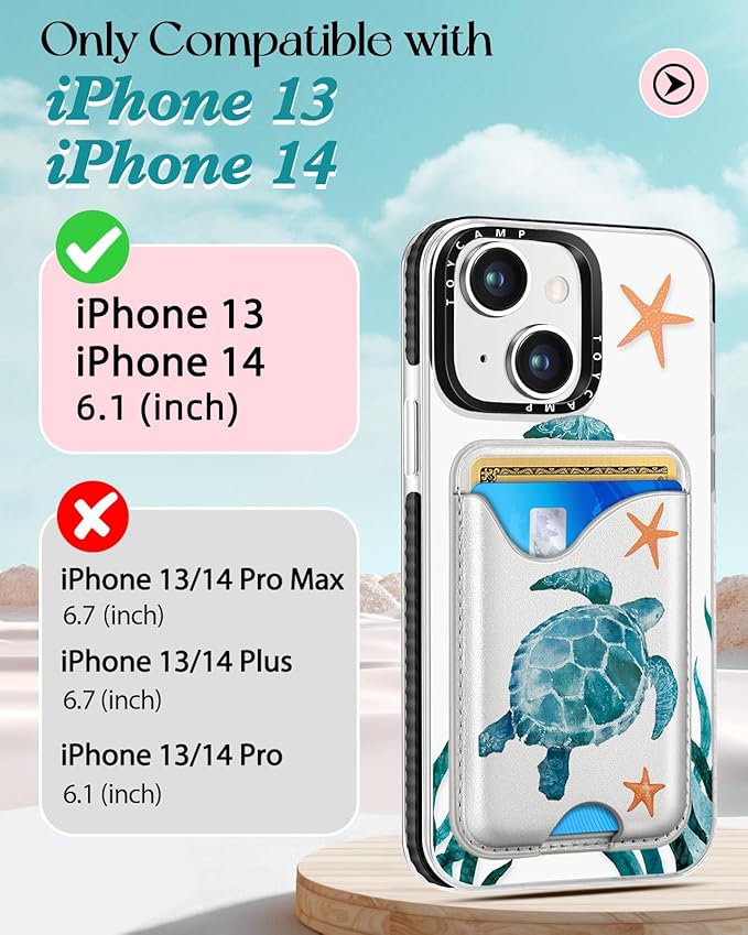 Toycamp for iPhone 14 Case, for iPhone 13 Case - Compatible with Magsafe Credit Card Holder Wallet Magnetic Cute Women Teen Girls Kawaii Girly Unique Turtles Design Phone Cover for iPhone 14/13