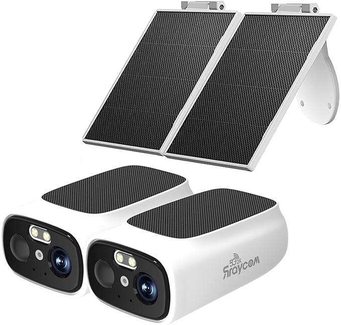 Rraycom 2.5K Solar Security Cameras Wireless Outdoor, 2.4/5Ghz WiFi Battery Solar Powered Security Camera System,Forever Power,Color Night Vision,AI Detection, 2 Way Audio,No Monthly Fee (C366-2PC)