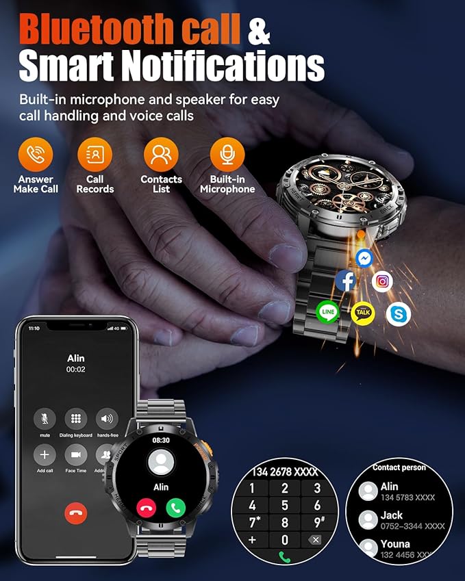 Military Smart Watches for Men with Bluetooth Call, 1.43" AMOLED Waterproof Smartwatch with Flashlight, 111 Sport Modes, 530mAh Heart Rate/SpO2/Sleep Monitor Fitness Tracker for Android iOS