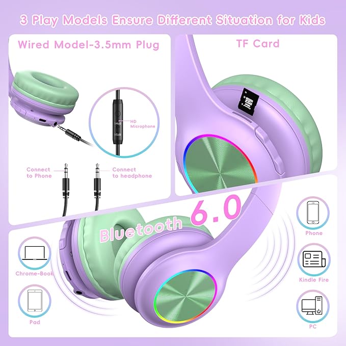 Kids Bluetooth Headphones with LED Light, 45Hours Playtimes, 85/94dB Volume Limited, Bluetooth 5.4, Wireless Headphones for Kids with Built-in Mic, Wired & TF Card Mode,Green and Purple