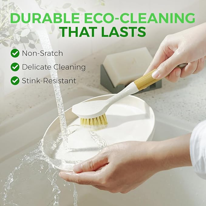 Bamboo Dish Scrubber Brush Set of 2-100% Plastic-Free Kitchen Brushes for Dishes Made from Wheat Straw with Sisal Bristles - Non Scratch, Odor Free Wood Scrub for Pots, Pans and Vegetables