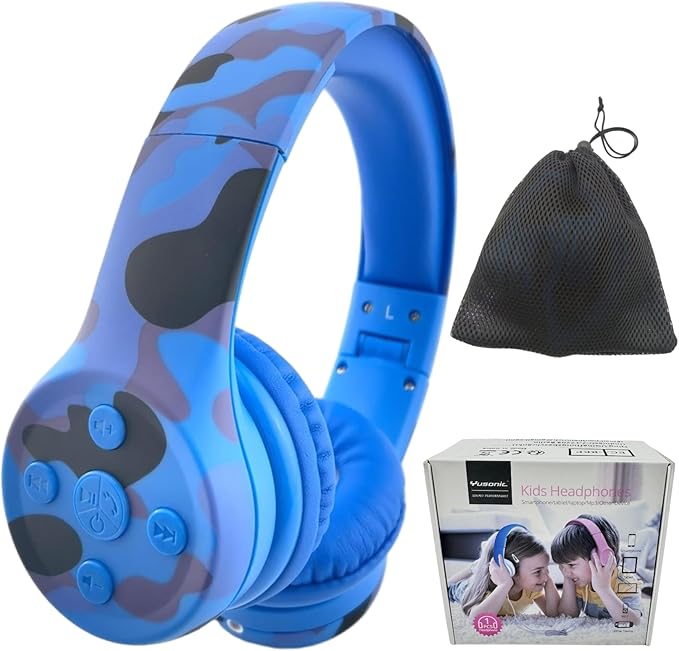 Toddler Headphones Wireless,Kids camo Bluetooth Headphones, 5 Button Easy Use, 93db Foldable with Built-in Mic for Cell Phones TV Tablet Network Boys Girls (bs690 Blue Camo)