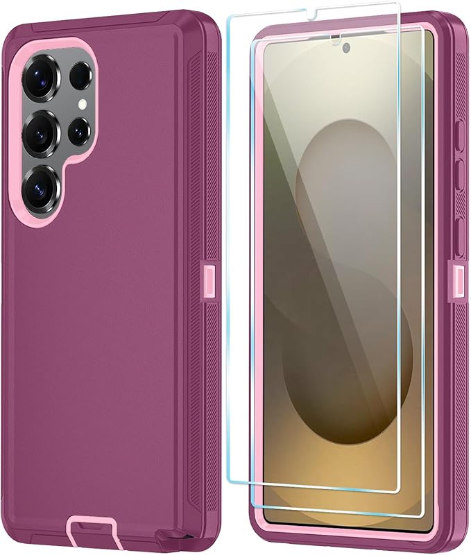 ONOLA Phone Case for Samsung Galaxy S25 Ultra Case with HD Screen Protector, Heavy Duty Shockproof & Dropproof 3-Layer Cover Phone Case for Galaxy S25 Ultra 6.9''，WineRedPink