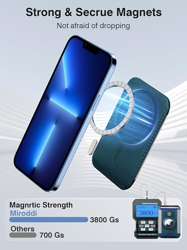 Miroddi MagSafe AirTag Holder, Card Holder for iPhone 15/14/13/12 Series, Leather Wallet with RFID Protection, Blue