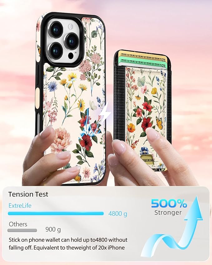 Shorogyt for iPhone 16 Pro Case Wallet - Fits 5 Cards, Compatible with Magsafe Detachable Magnetic Credit Card Holder Leather Cardholder Cute Phone Cover Women Girls for Apple 16Pro, Floral
