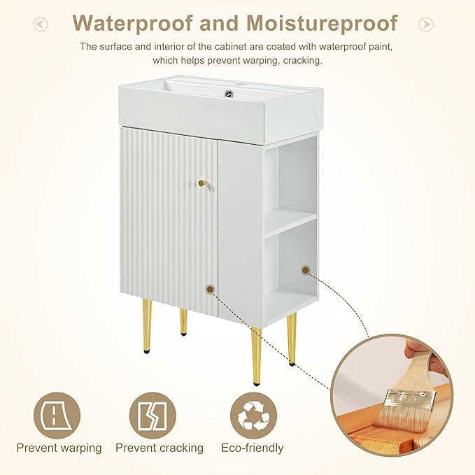 Favfurish 21.6" Bathroom Vanity with Rectangle Ceramic Vessel Sink Combo,Freestanding Right Side Storage Cabinet W/Soft-Close Doors,Assembled Quickly,for Small Spaces,White