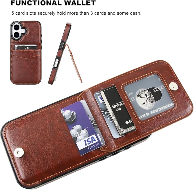 KIHUWEY Compatible with iPhone 17 Case Wallet with Credit Card Holder, Flip Premium Leather Magnetic Clasp Kickstand Heavy Duty Protective Cover for iPhone 17 6.3 Inch (Brown)