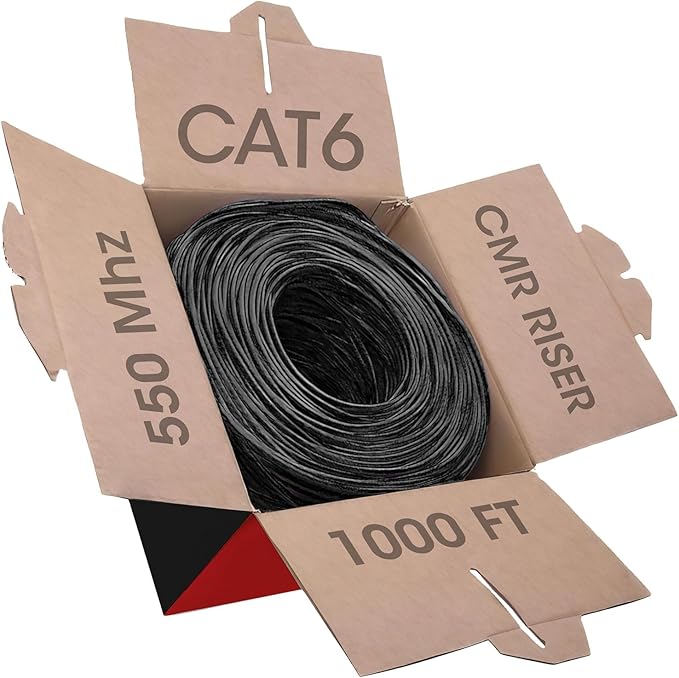 Big-A - Bulk Cat6 Cable 1000ft 23AWG Solid 4 Pair, Cat 6 Ethernet Cable Unshielded Twisted Pair (UTP), (CMR) 550MHz Internet Cable, Pull Box - Black
