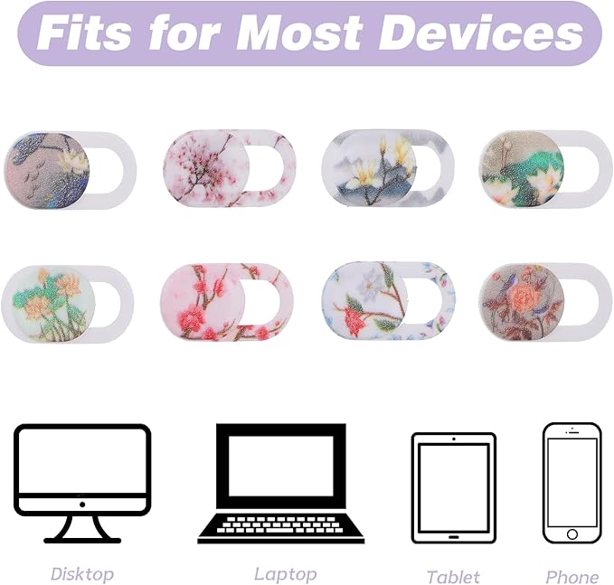 8PCS Webcam Cover Slide,Flower Pattern 0.03in Thin Phone Camera Cover Laptop Computer Camera Cover Slide Blocker Slider Lens Cover Protector Protect Privacy Security Fits Desktop PC Tablet Pad