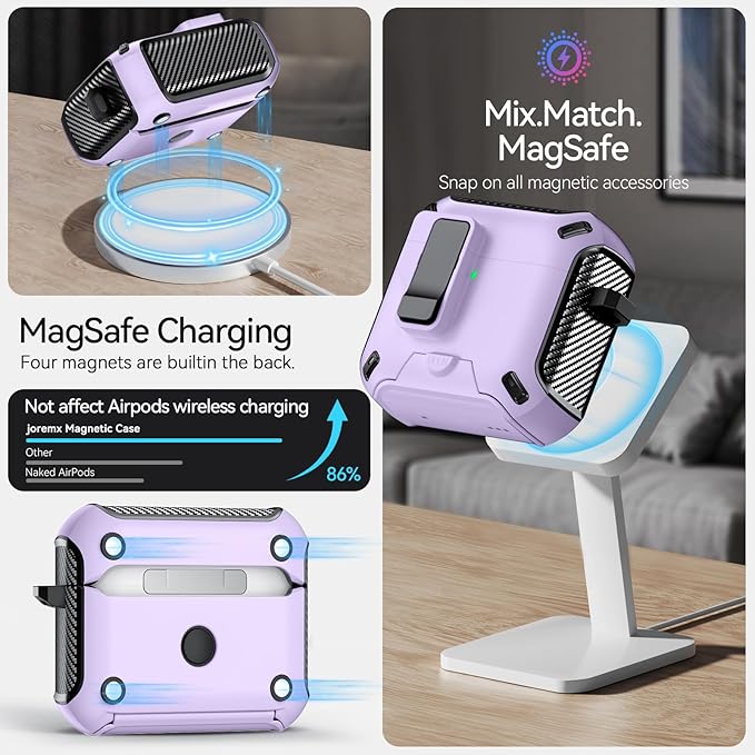 for AirPods 4 Case (2024) with Phone Stand,（with Automatic Snap Switch） Carbon Fiber Design Protection Cover with Cleaning Pen,Purple