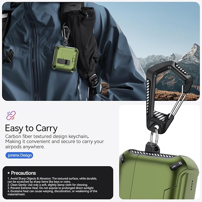 for AirPods 4 Case (2024) with Phone Stand,（with Automatic Snap Switch） Carbon Fiber Design Protection Cover with Cleaning Pen,Dark Green