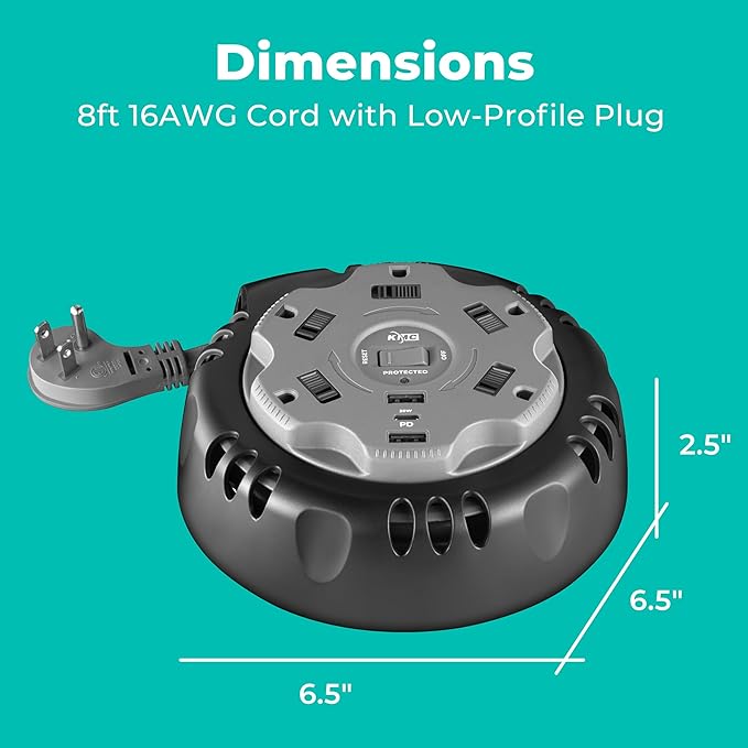 KMC 5-Outlet USB-C PD Surge Twist Retractable Power Strip Cord Reel, 2 USB-A & 1 USB-C Power Delivery, 735J Surge Protector, 8ft Retractable Extension Cord, 3-Prong Flat Plug, UL/ETL Certified, Gray