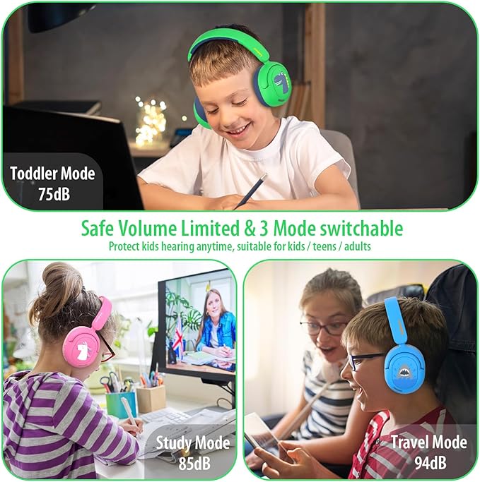 Bluetooth Kids Headphones, Wireless Headphones for Kid with Mic, 75/85/94dB Volume Limited, Includes 3.5mm Aux Cord, Foldable Dinosaur Teens Headset for School, Home, Travel, Tablet