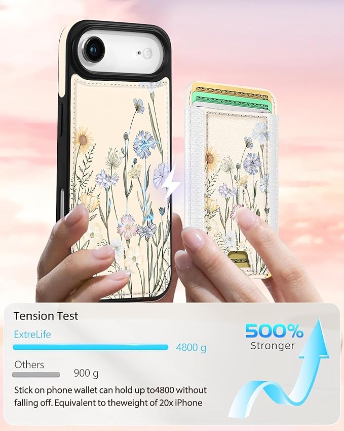 Shorogyt for iPhone Air Wallet Case - Fits 5 Cards, Compatible with Magsafe Detachable Magnetic Credit Card Holder Leather Cardholder Cute Phone Cover Women Girls for Apple 17 Air, Color Flower