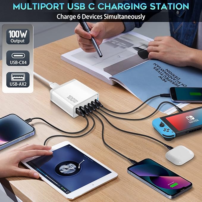 Fast USB C Charging Station,Total 100W 6-Port Charger Block with 4 USB-C and 2 USB-A Ports Quick 3.0 Adapter Hub for iPhone 15 14 13 12 Pro Max, iPad, Galaxy, Pixel Portable Multiport Hub (White)