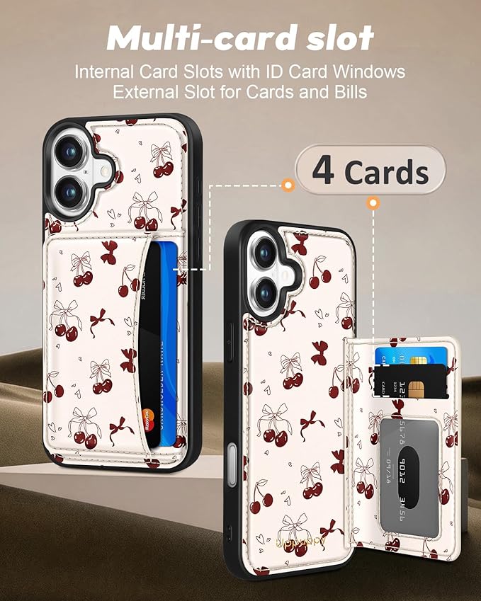 for iPhone 16 Plus Case with Wallet - Fits 4 Card Slots, Compatible with MagSafe for Women Aesthetic Durable PU Leather Credit Card Holder Kickstand Phone Cover for Apple 16 Plus, Bow Cherry