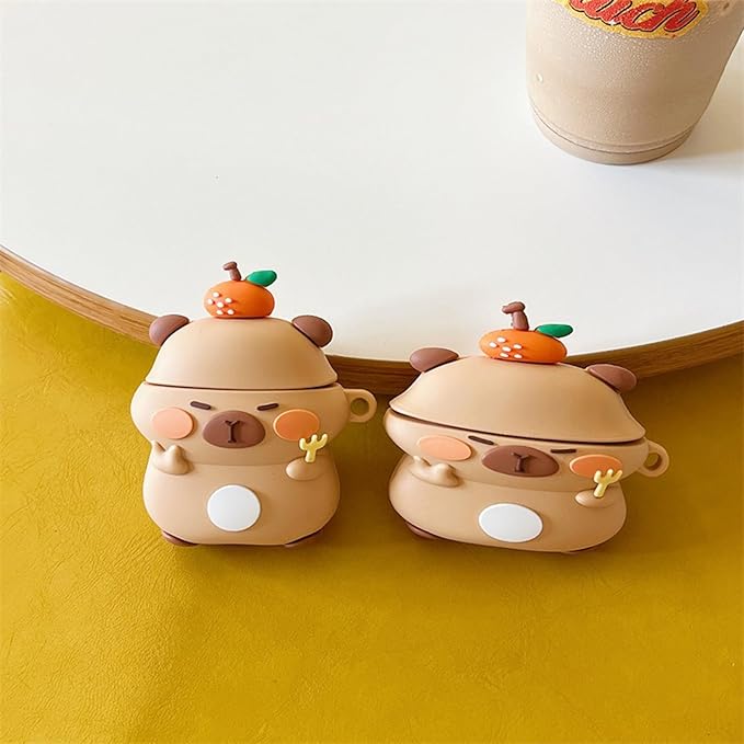 Case Compatible with Airpods Pro/Pro2, 3D Cute Kawaii Orange Capybara Design Keychain Case Cover, Portable Earbuds Accessories Soft Silicone Shockproof Wireless Earphone Protector with Hook