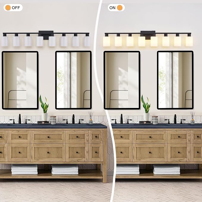 8 Light Bathroom Vanity Light, Black 8-Light Bathroom Light Fixtures, Vanity Lights for Bathroom with Milky White Frosted Glass Shades, Lighting Fixtures Over Huge Mirror, Wall Lamp for Living Room
